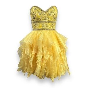 Jovani Prom Short Dress Yellow Tulle Strapless Sparkle Ruffle Glittery 8
